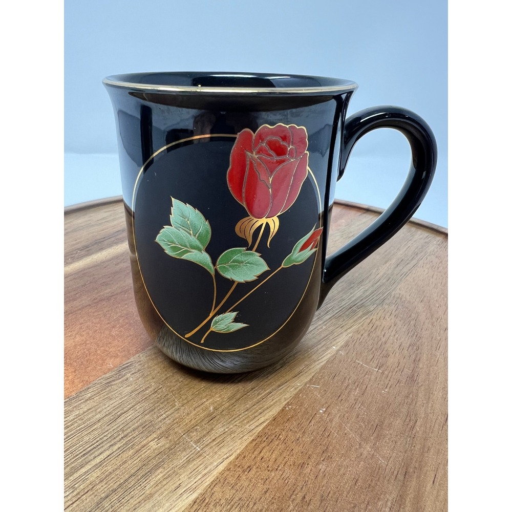 Goryu Rose Japan Black Mug Set Red Rose Gold Trim Coffee Tea Cup Pair - Picture 3 of 10